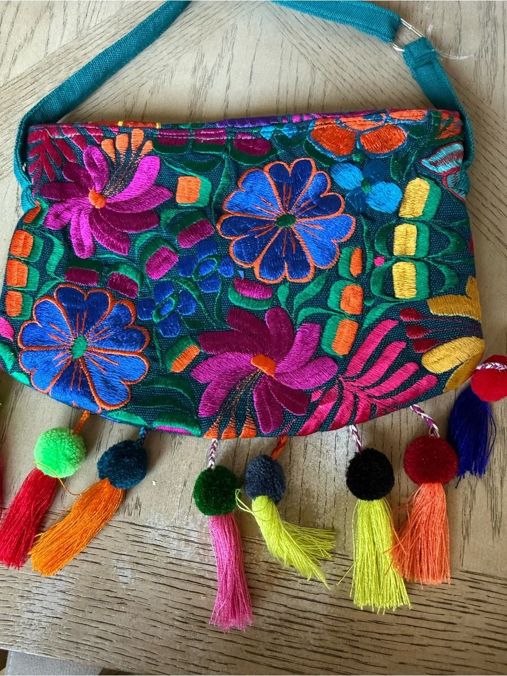 Colorful Floral Embroidered Crossbody Bag - Teal Strap